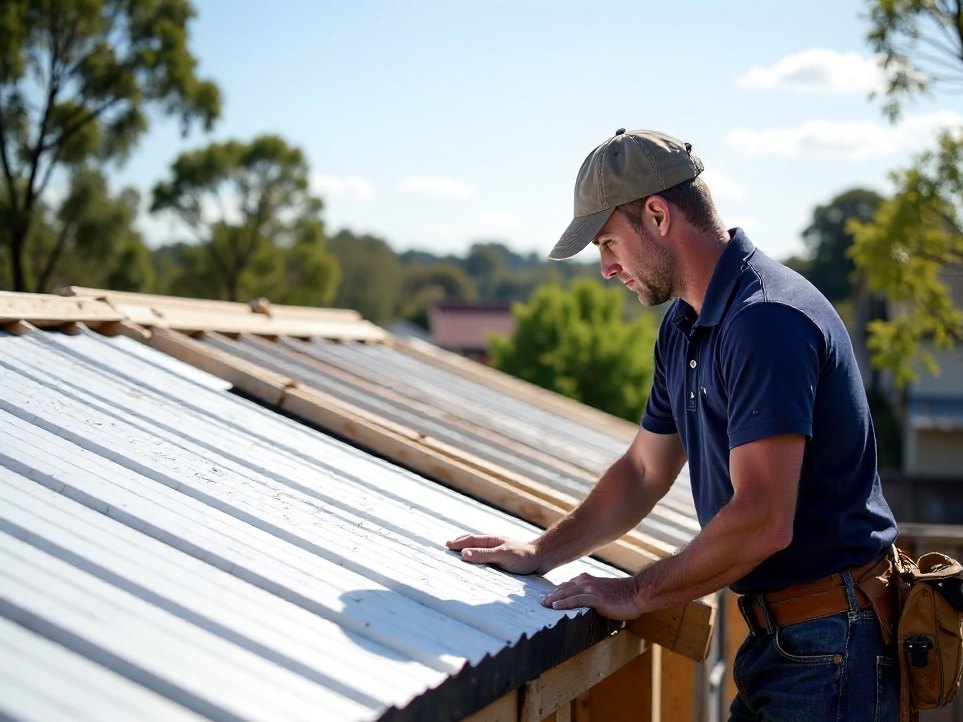 A carpenter fitting new corrugated roof sheeting on a Queenslander extension