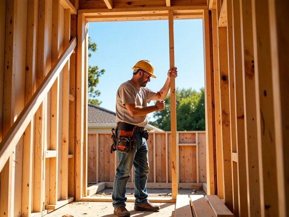 A carpenter framing a new timber-stud wall for a Queenslander extension