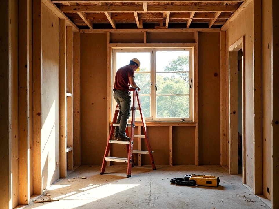 A carpenter inside a gutted Queenslander room during a renovation