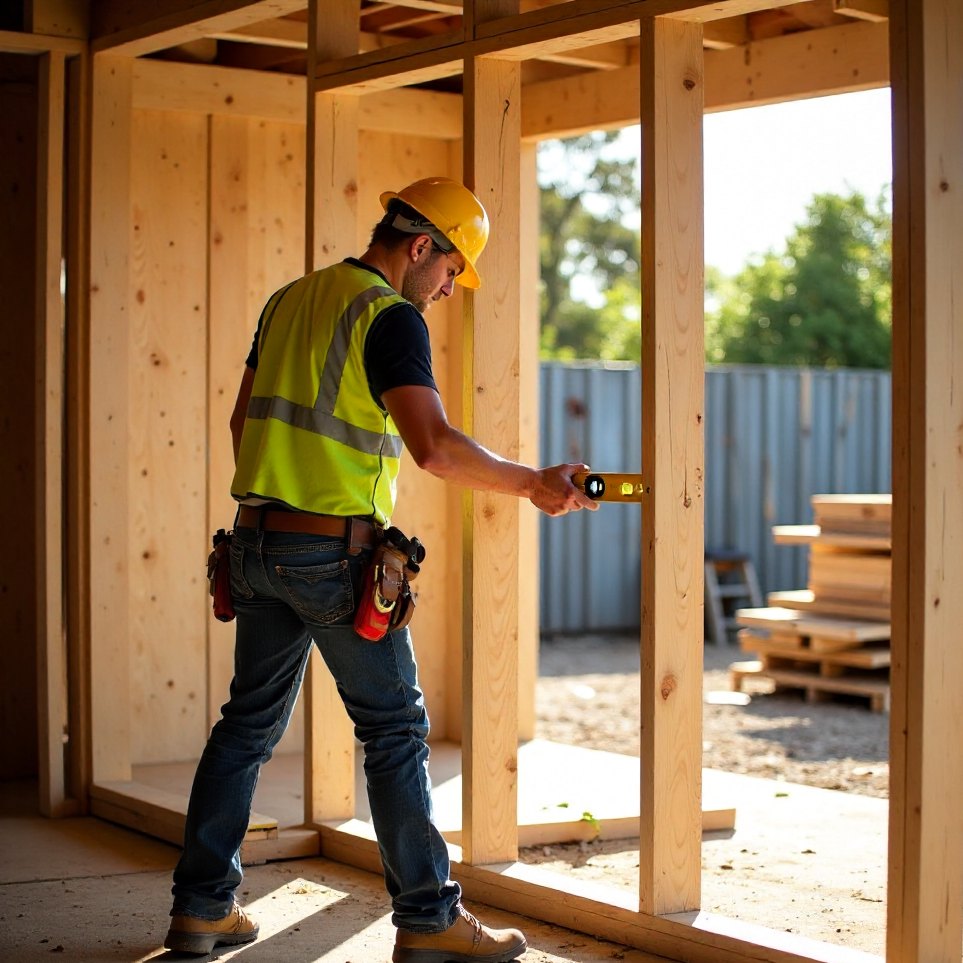 A carpenter checking a spirit level against a new timber wall frame