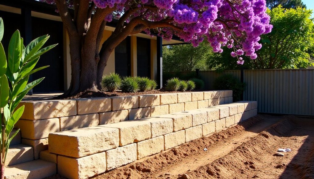 A sandstone retaining wall under construction in a Brisbane backyard beneath a flowering jacaranda