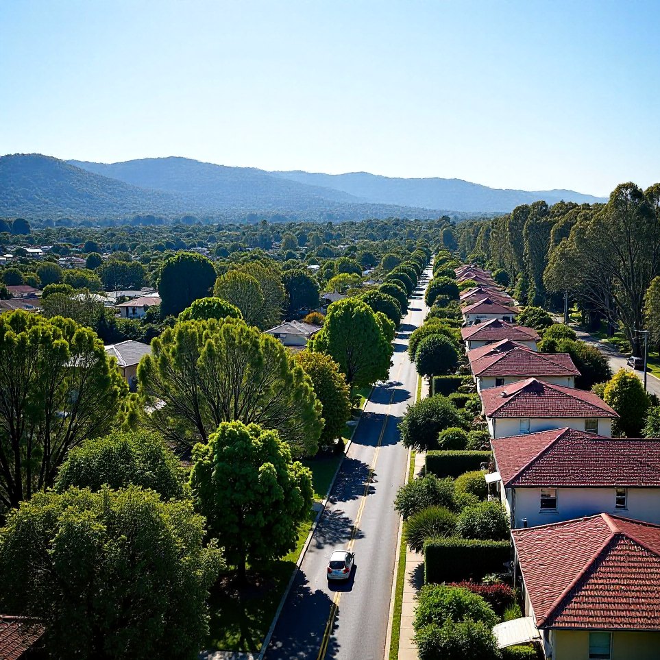High view over leafy western Brisbane suburbs toward Mount Coot-tha