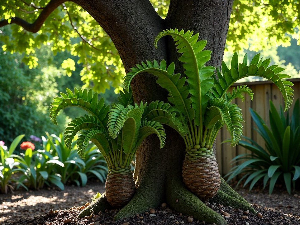 Staghorn ferns mounted on a paperbark trunk in a shaded garden corner