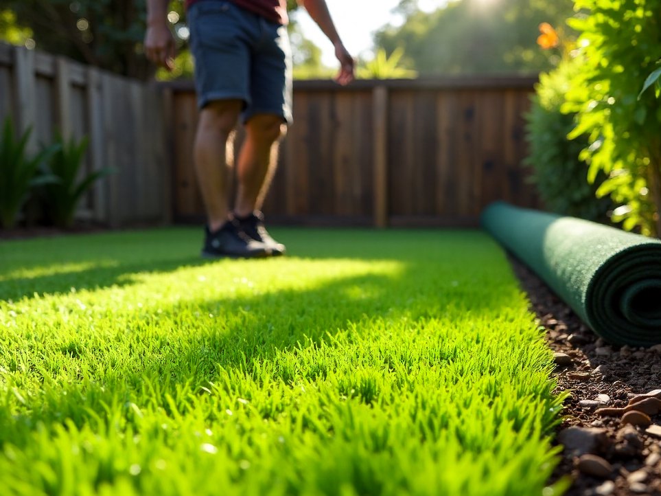 A landscaper unrolling fresh turf across a levelled backyard