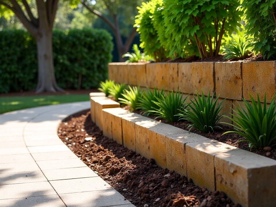 A finished sandstone retaining wall planted out with natives