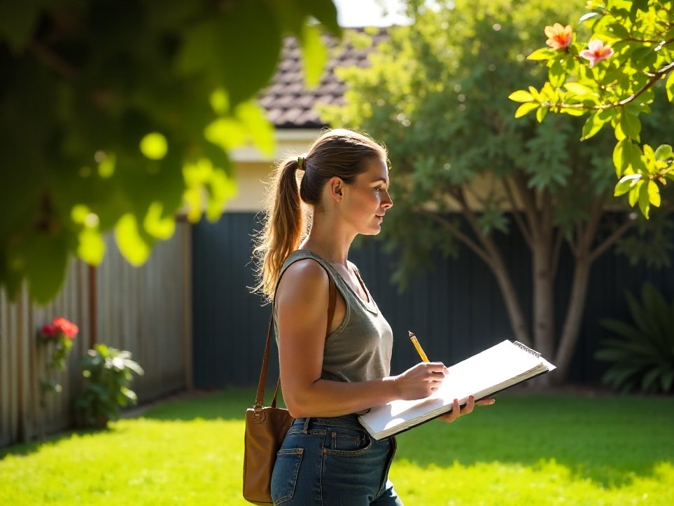 A landscape designer walking a Brisbane backyard with a sketchbook during a design visit