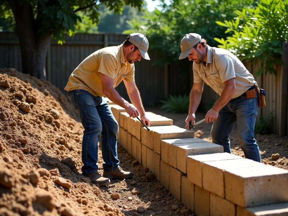 Landscapers setting sandstone blocks into a new retaining wall