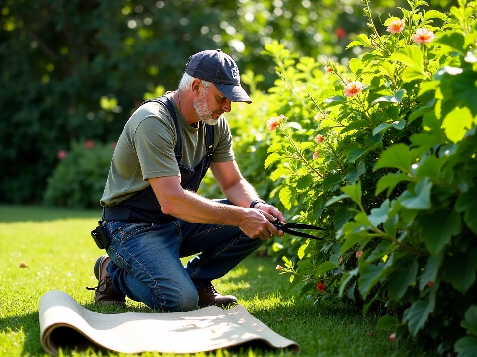 A gardener pruning shrubs in an established Brisbane garden