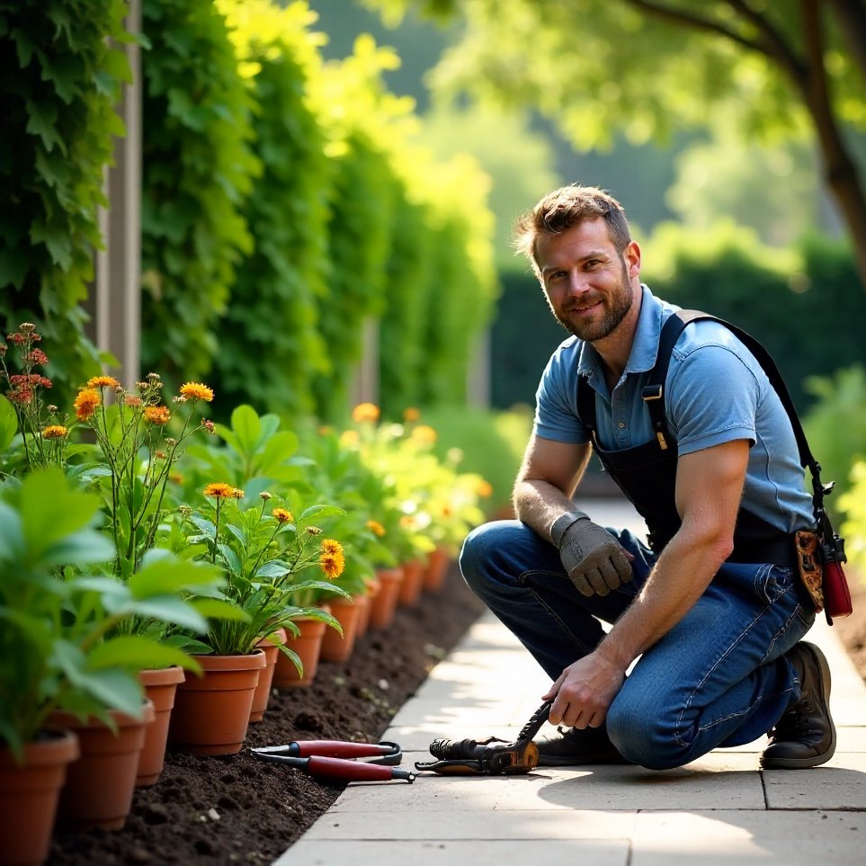 A landscaper setting out paving stones and potted plants before starting work